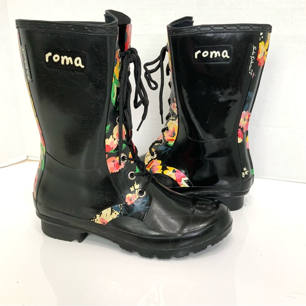 ROMA by Sadie Robertson Sz 7 Epaga Black Floral Mid‎ Calf Lace-Up Rain Boots